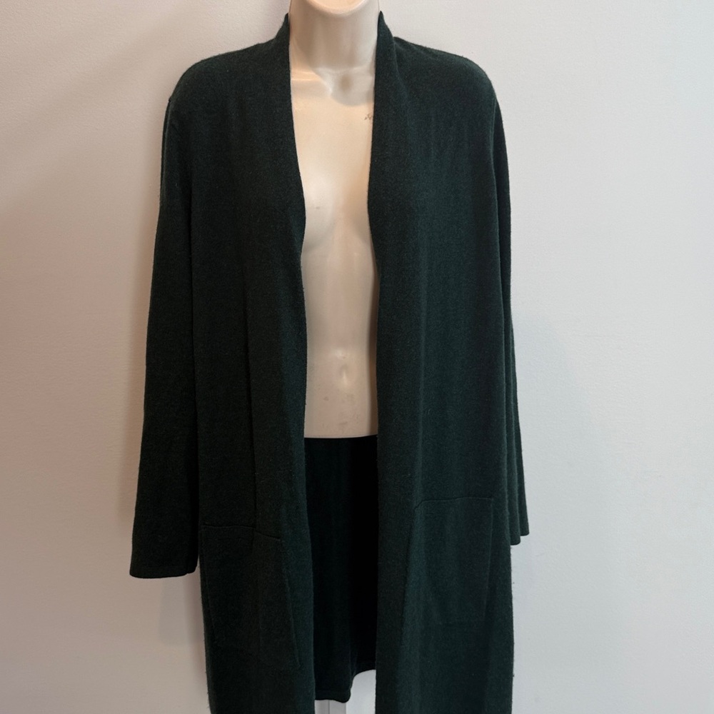Eileen Fisher Forest Green Knit Cardigan Women Size M Open Front Cashmere Long